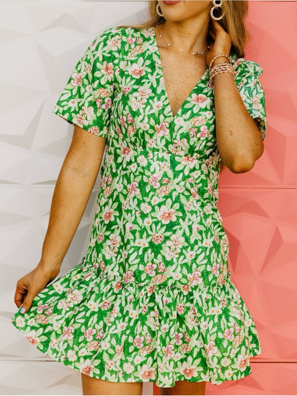 Floral V-Neck Green Summer Dress